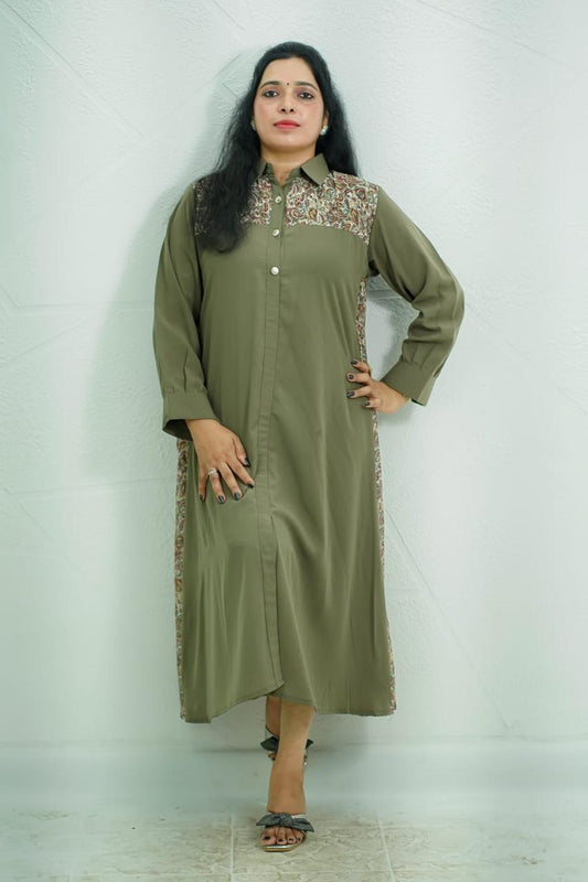 Olive Green Long Shirt Kurta with Printed Yoke & Side Panels