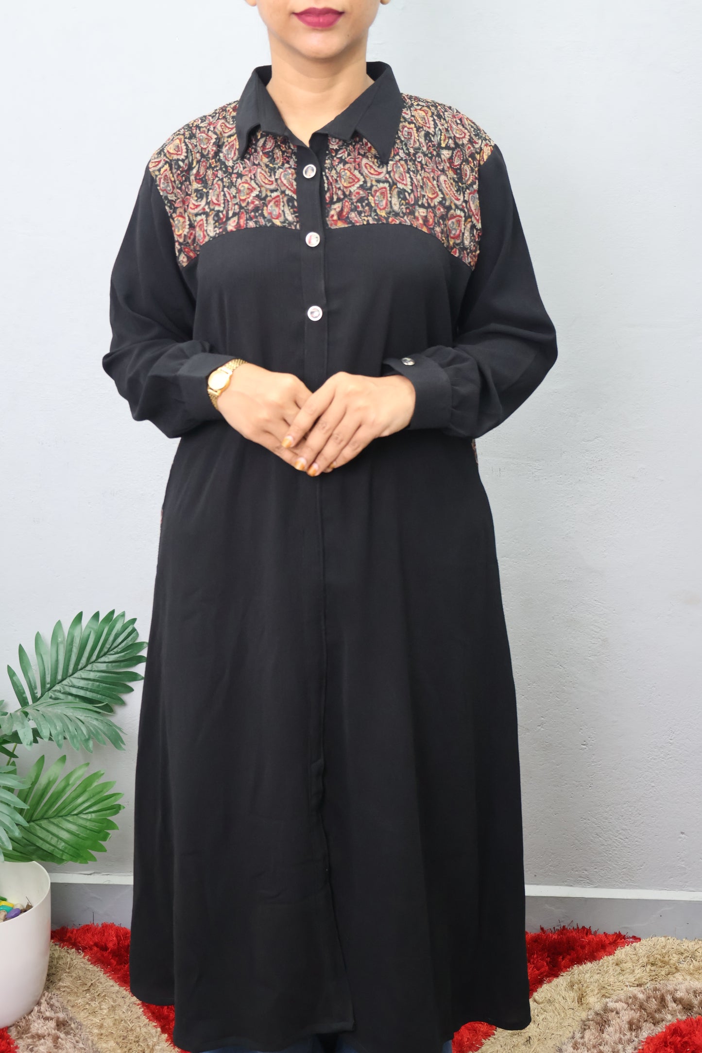 Noir Charm Printed Yoke Dress