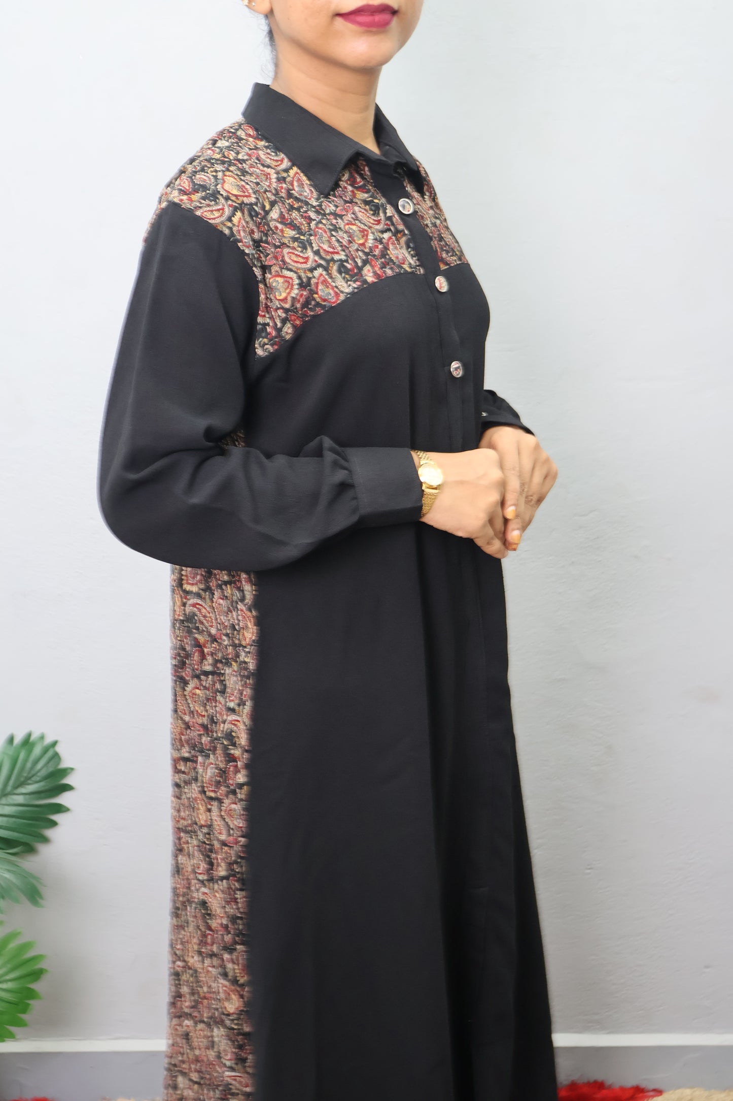 Noir Charm Printed Yoke Dress