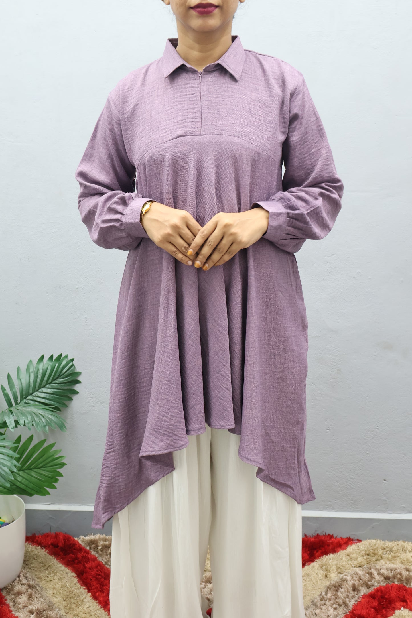 Black High-Low Tunic with White Wringle Palazzo Imported