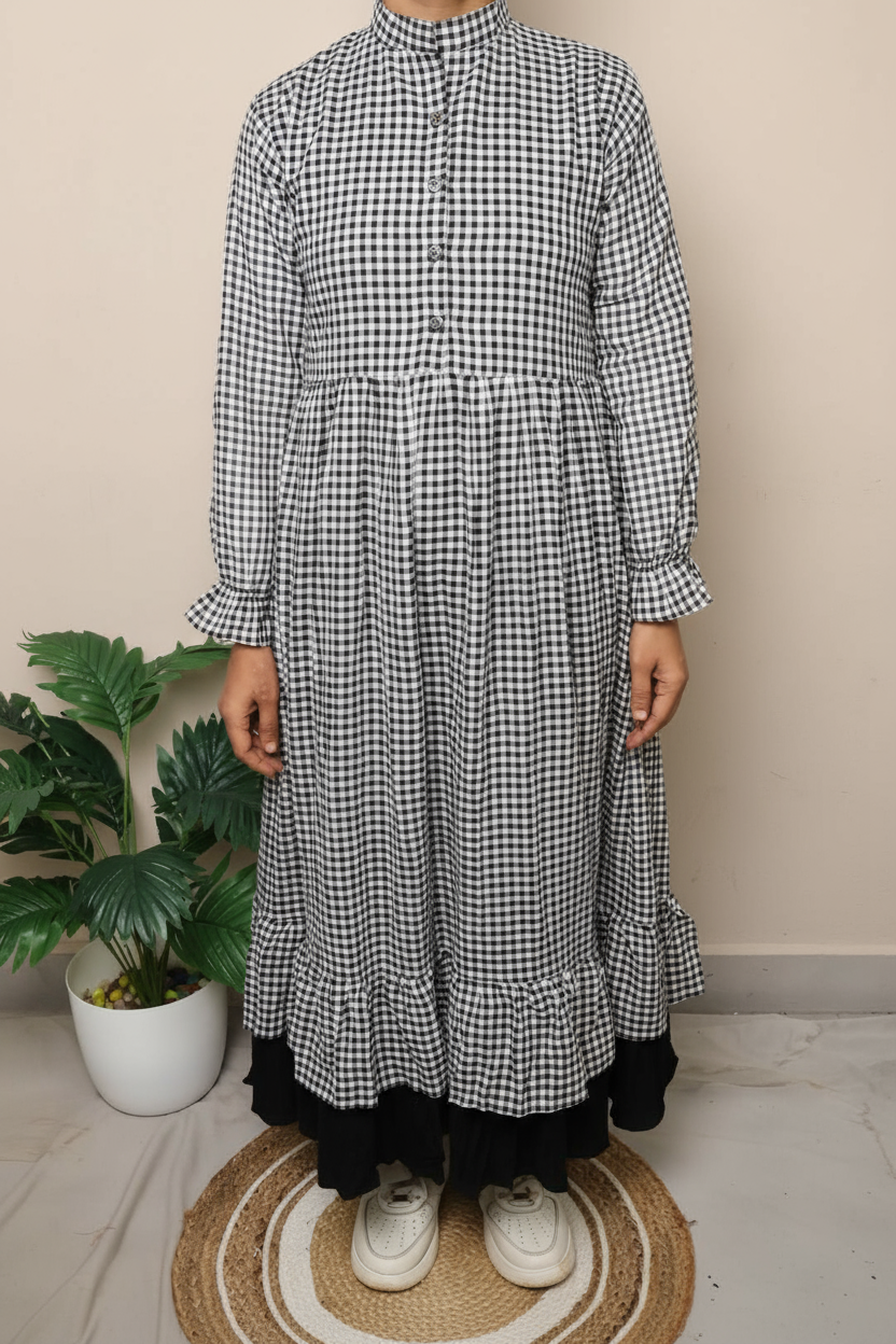 Classic Black & White Gingham Long Dress