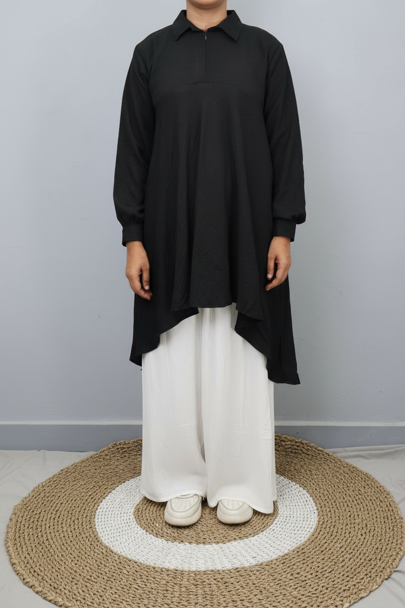 Black High-Low Tunic with White Wringle Palazzo Imported